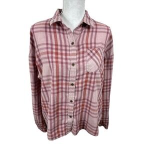 Prana Women's‎ L Button Brushed Cotton Shirt Burgundy Plaid Organic Cotton Bld